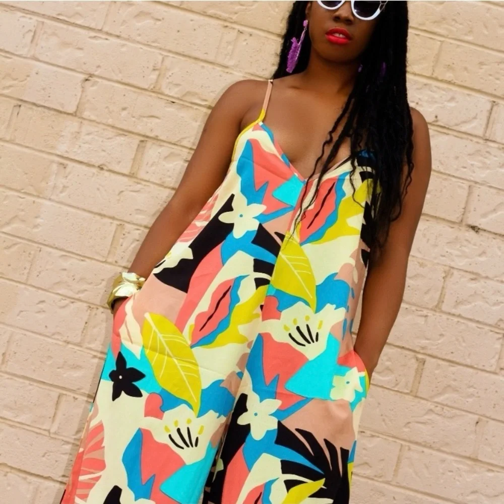 LUUKSE Tropical Print Wide-Leg Romper Jumpsuit Sz-Small - Picture 2 of 6